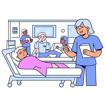 A nurse in scrubs with a light blue color is attending to patients in a hospital ward. She has a gentle smile and is holding a clipboard while looking at a patient in a hospital bed. The patient appears to be an elderly woman with white hair, resting comfortably with a blanket covering her. In the background, there are several hospital beds occupied by other patients, medical equipment, and a window showing a glimpse of daylight. The atmosphere is busy with other nurses and doctors attending to patients.