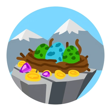 A dragon's nest perched on a rocky ledge high in the mountains. The nest is made of twisted branches and stones, cradling several large, speckled dragon eggs in varying shades of green and blue. Surrounding the nest, there is a collection of gleaming treasures, including shimmering gold coins, intricately designed jewelry, and glittering gemstones. The backdrop features rugged mountain peaks under a clear blue sky, enhancing the sense of height and isolation.