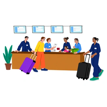A bright and bustling check-in counter area with a long, sleek desk made of polished wood. Behind the counter, staff members wearing navy blue uniforms with name tags assist passengers. One staff member is smiling as they help a family with large, colorful suitcases. Another staff member is checking in a traveler holding a passport and boarding pass. The counter features digital screens displaying flight information above it. Passengers are standing in line with various pieces of luggage, creating a lively atmosphere. There are potted green plants on the sides of the counter, adding to the vibrant environment.