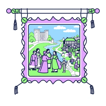A tapestry hangs on a wall, displaying an intricate historical scene filled with various characters and elements. In the center, a group of people is engaged in a lively discussion, dressed in garments typical of their time. To the left, there is a castle with detailed stonework, surrounded by trees and a flowing river. On the right, a marketplace bustles with vendors and patrons. Above, a blue sky is visible, with clouds gently drifting across. The edges of the tapestry are adorned with a decorative border featuring stylized motifs that enhance the overall visual richness.