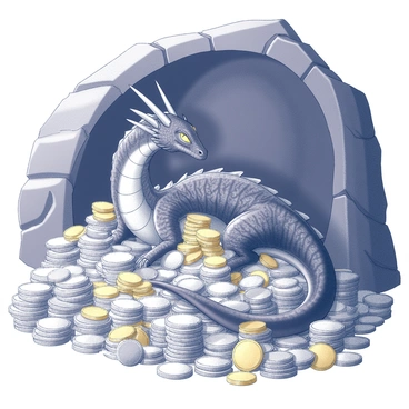 A dragon hoarding a pile of sparkling treasures in its lair