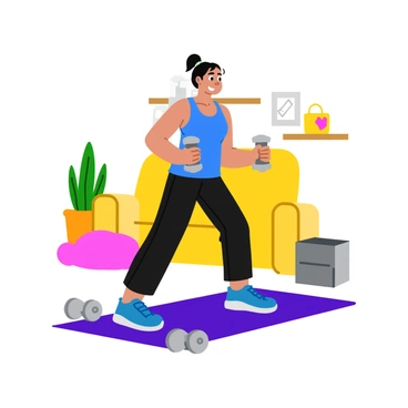 A person with dark hair wearing a blue tank top and black leggings is performing hip thrusts on a colorful yoga mat in a well-lit room. They have a set of silver dumbbells placed on either side. The person's eyes are focused ahead, and their back is slightly arched as they lift their hips off the mat. The background features a potted plant and a wooden shelf with a few decorative items.
