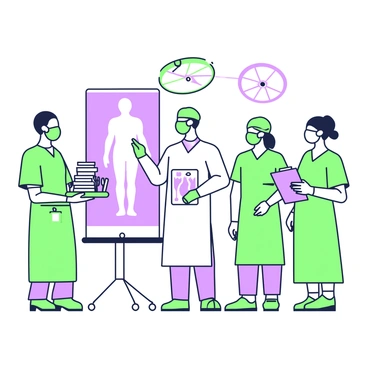 A surgical team is huddled together in a sterile operating room for a pre-surgery briefing session. The team consists of four members, each wearing green scrubs and surgical masks, with their hair secured neatly under caps. In the center, a surgeon stands with a clipboard, pointing at a large diagram of the human anatomy displayed on a screen. To the left, a nurse is holding a tray with surgical instruments, and to the right, another team member is reviewing a folder of patient information. In the background, surgical lights are on, illuminating the scene.