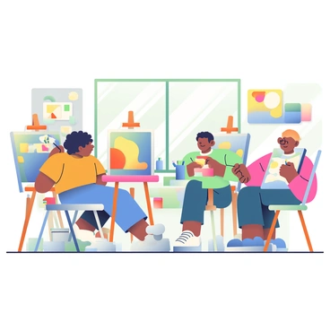 A lively art classroom is filled with students actively painting at easels. Sunlight streams through a large window, illuminating the vibrant colors on their canvases. One student with curly hair is applying red paint with a brush, while another student is mixing blue and yellow on their palette. The walls are decorated with various artworks, and there are paintbrushes and jars of paint scattered across a table in the center of the room. Each easel holds a different piece, showcasing the creativity and individuality of the students.