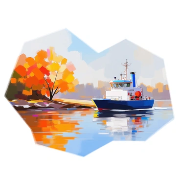 An oil barge is traveling along a river, gliding smoothly past a shoreline adorned with vibrant autumn foliage. The trees are ablaze with hues of red, orange, and yellow, their leaves rustling gently in the breeze. The barge is painted in shades of blue and gray, contrasting with the warm colors of the surrounding landscape. Reflections of the colorful trees and the barge can be seen on the calm water, creating a picturesque scene. A clear sky overhead complements the vivid colors below, enhancing the beauty of the autumn day.