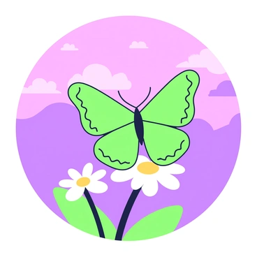 A silhouette of a butterfly is perched on a delicate flower. The butterfly's wings are spread wide, showcasing intricate patterns along the edges, while the flower features several petals radiating outward. In the background, the sunset sky is filled with a gradient of colors, transitioning from deep purple to lighter shades, with hints of clouds scattered throughout. The scene captures the butterfly and flower clearly against the colorful sky, drawing attention to their shapes and outlines.