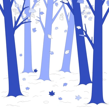 A dense forest filled with tall trees, their trunks thick and sturdy. Leaves of various shapes and sizes are gently falling from the branches above. Some leaves are swirling in the air, lifted and carried by gentle convection currents. The ground is covered with a mix of fallen leaves, creating a textured layer that contrasts with the tree trunks. The scene captures the movement and tranquility of autumn, with a few leaves still clinging to the branches, while others descend gracefully toward the forest floor.