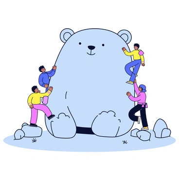 A large boulder shaped like a bear stands prominently in the landscape. The rock has a textured surface resembling fur, with distinct facial features carved into it. A group of three climbers, each wearing colorful climbing gear, can be seen scaling the boulder. One climber is positioned near the bear's front paw, reaching upwards, while another is at the back, carefully finding handholds. The third climber is slightly higher up, focusing intently on the next move. The surrounding area is filled with smaller rocks and sparse vegetation.