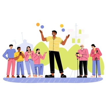 A street performer is in the center of the image, skillfully juggling three colorful balls in the air. The performer is wearing a bright, striped shirt and a black beret, with a joyful expression. Surrounding the performer is a small crowd of various characters, including a child clapping with excitement, a couple smiling while recording on a phone, and an elderly person leaning on a cane, watching intently. The setting is a lively street scene with a few buildings in the background and a cobblestone pavement, creating an atmosphere of community engagement and entertainment.