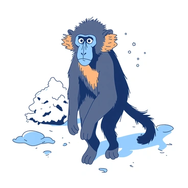 A teal mandrill stands on its hind legs in a white snowy landscape. The mandrill has a vivid blue face with striking orange and yellow markings, and its fur is a mix of dark gray and tan. Its big, expressive eyes are wide open and convey a sense of curiosity. Surrounding the mandrill, the snow glistens under the sunlight, and there are small snow-covered bushes in the background. A few snowflakes are gently falling around it, adding to the serene winter atmosphere.