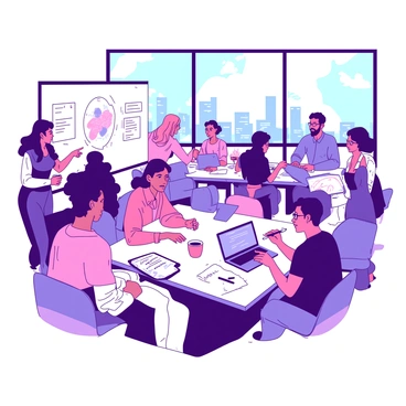 A duotone illustration depicting a vibrant co-working space filled with people from different sectors collaborating on various projects. In the foreground, a diverse group of individuals is gathered around a large, shared table, discussing ideas and sharing laptops. One person, wearing glasses, is pointing at a document, while another is taking notes on a tablet. 

Nearby, a woman is sketching on a whiteboard, outlining a project plan, while another team member stands beside her, holding a marker and contributing ideas. The background features additional tables with small groups of people engaged in focused conversations, some with coffee cups in hand. 

Soft lighting illuminates the large windows, which offer a view of a city skyline, adding to the dynamic and energetic atmosphere of collaboration in the space. 