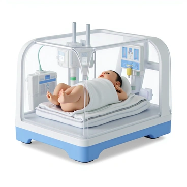 A newborn in an incubator receiving ECMO support in a neonatal unit