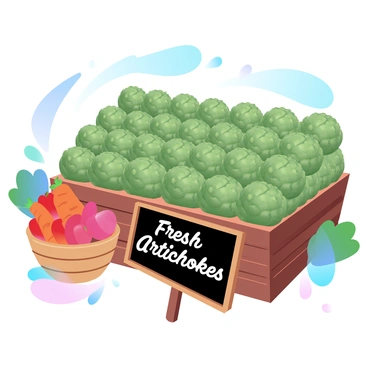 A vibrant farmers market stall is filled with rows of fresh, green artichokes stacked neatly. The stall is made of rustic wood, displaying the artichokes in an organized manner. Surrounding the artichokes are baskets filled with colorful vegetables and fruits, including bright red tomatoes and deep orange carrots. A chalkboard sign stands at the front, labeled “Fresh Artichokes,” written in bold letters. Sunlight filters down, illuminating the textures of the artichokes and the variety of produce, creating a lively atmosphere in the market.