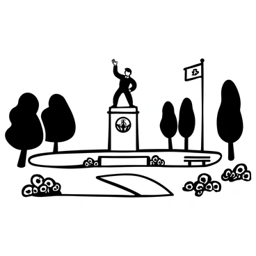 A commemorative statue of a scout regiment hero stands prominently in the center of a city park, surrounded by well-maintained grass. The statue depicts the hero in a dynamic pose, showcasing a sense of bravery and strength. In the foreground, there are neatly arranged flower beds, adding detail to the scene. A flagpole with the scout regiment's insignia is positioned nearby, gently fluttering in the wind. Pathways lead to the statue, with benches placed at intervals for visitors to sit and reflect. Trees provide shade around the area, creating a serene environment.