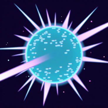 A pulsar with a distinct, spherical shape, surrounded by an intense glow. It emits strong magnetic fields, represented by bright beams radiating outward in sharp, defined lines. The beams are vibrant and colorful, contrasting against the dark backdrop of space, creating a dynamic visual effect. The pulsar has detailed surface textures, showcasing intricate patterns that suggest high energy and activity.