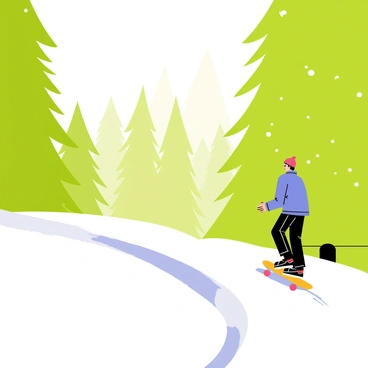 A scenic forest trail winding through tall green pine trees. A lone person is riding a snow skateboard, dressed in a bright blue jacket and wearing a red beanie. The path is covered in a fresh layer of white snow, and snowflakes gently fall from the sky. The sunlight filters through the branches, casting soft light on the trail. In the background, the silhouettes of more pine trees frame the scene, creating a sense of depth and tranquility.