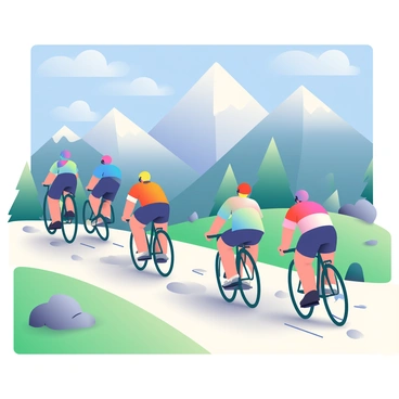 A group of cyclists is racing along a narrow mountain trail. The cyclists are wearing colorful helmets and athletic gear. The trail is bordered by rocky outcrops and patches of green grass. In the background, majestic mountain peaks rise, their tips dusted with snow. The sky above is a clear blue with a few fluffy clouds. The cyclists are positioned in various poses, each focused on the path ahead. Some are leaning forward, and others are standing on their pedals, emphasizing the intensity of the race. Sunlight casts shadows on the trail, highlighting the texture of the dirt and rocks.