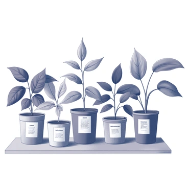 A display of exotic coffee plant varieties with distinctive leaf shapes