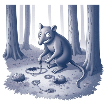A skaven, a humanoid rat-like creature, is crouched low in a dense forest. The skaven has a sly expression on its face, revealing sharp teeth in a pleased grin. It is surrounded by various snares made of thin, strong cords and strategically placed pits covered with leaves and foliage. The forest is filled with tall trees, their trunks thick and gnarled, casting deep shadows across the ground. The underbrush is dense with ferns and low shrubs, creating a sense of secrecy and stealth in the setting. The skaven's hands are busy adjusting a snare, showcasing its cunning nature and skill in trap-setting.