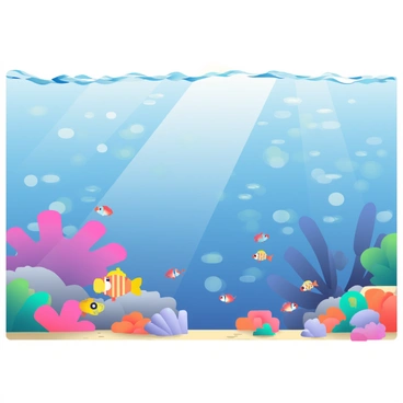 A vast Minecraft-style ocean stretches across the image, with blocks of light blue water creating a pixelated surface. Below the waves, vibrant coral reefs are visible, featuring large structures in shades of pink, purple, and orange. Schools of colorful fish swim among the reefs, showcasing bright hues of yellow, red, and blue. Sunlight filters through the water, casting shimmering patterns on the sandy seabed below. Large, blocky seaweed sways gently with the current, adding depth to the underwater scene.