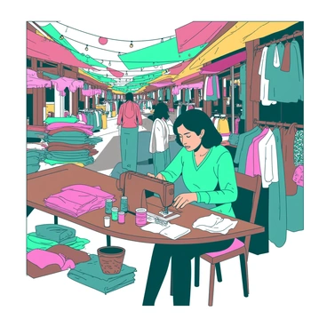 A teal seamstress is sitting at a wooden table in a vibrant street market, focused on sewing colorful clothes. She is surrounded by stacks of neatly folded garments in various patterns and colors. Brightly colored banners are hanging above the market stalls, while customers browse nearby. The seamstress has her sewing machine in front of her, and threads of different colors are organized in small containers around her workspace. Sunlight filters through the canopies, casting lively shadows on the bustling scene.