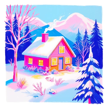 A cozy cabin painted in "red" is nestled in a "snowy landscape." The cabin features a sloping roof covered with a thick layer of "white snow." Smoke is rising from the chimney, indicating a warm fire inside. Surrounding the cabin are "snow-covered trees" with branches heavy with snow. The ground is blanketed in fresh "white snow," creating a serene environment. In the background, a mountain range is visible, partially obscured by "fluffy clouds."