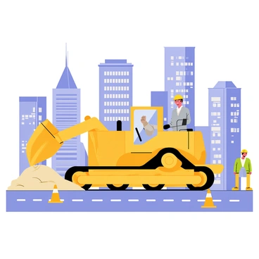 A yellow bulldozer with a large bucket is positioned in the foreground of a city street construction site. The bulldozer is actively moving dirt and debris, with some soil being pushed aside. In the background, several tall skyscrapers with glass windows reflect sunlight, showcasing a modern city skyline. Construction cones are placed along the street, and workers in hard hats can be seen overseeing the operation. A clear blue sky is overhead, adding to the urban scene.