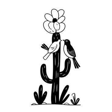 A pair of birds perched on a tall cactus, with their bodies angled toward each other. The cactus is adorned with multiple spines and a large, blooming flower at the top. The birds have distinct feather patterns, and they are positioned in a way that suggests they are singing joyfully. The scene includes desert elements, such as dry soil and scattered rocks around the base of the cactus. A few small plants are visible in the background, completing the natural setting of the illustration.