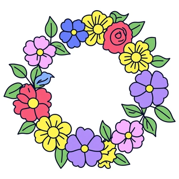 A circular mandala design composed of various flowers and leaves. The flowers include daisies, roses, and sunflowers, all illustrated in vibrant colors such as red, yellow, blue, and purple. Surrounding the flowers are green leaves with different shapes and sizes, creating a balanced pattern. The flowers and leaves are arranged in layers, radiating outward from the center, enhancing the intricate detail of the mandala.