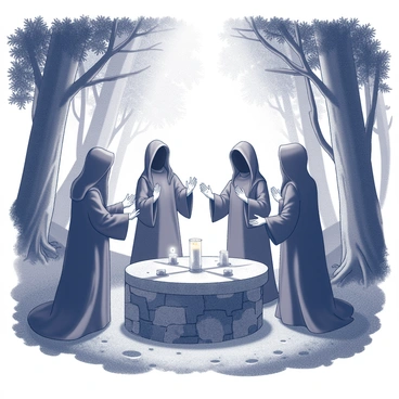 A group of witches standing in a circle around a stone altar. The altar is made of rough-hewn stone, adorned with various ritualistic objects. The witches are dressed in flowing dark robes, with hoods partially obscuring their faces. Their hands are raised as if in the midst of a chant or a spell. The surrounding forest is dense with tall trees and thick underbrush, creating a natural canopy overhead. Occasional shafts of light filter through the leaves, illuminating the scene. The atmosphere is thick with anticipation as the witches prepare for their ritual.