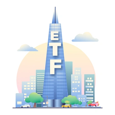 A towering skyscraper with a sleek, glass facade rises prominently in the city skyline. The windows of the building are uniquely arranged to form the letters "ETF" in a bold, modern font. Surrounding the skyscraper are smaller buildings with varying architectural styles, emphasizing the height of the central tower. The sky is a soft gradient transitioning from light blue to pale orange, suggesting either dawn or dusk. A few fluffy clouds drift across the sky, casting gentle shadows on the skyscraper. In the foreground, a busy street is visible with small cars and pedestrians, highlighting the urban environment.