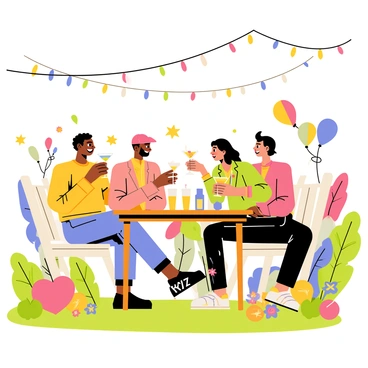 A group of five friends is gathered in a lush green garden, enjoying a festive celebration. They are sitting around a wooden table adorned with colorful party decorations, including balloons and streamers. Each friend is holding a drink in hand, with some colorful cocktails and sparkling beverages visible on the table. Above them, string lights are elegantly draped, casting a warm glow over the scene. The background features vibrant flowers and greenery, enhancing the cheerful atmosphere of the gathering.