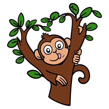 A playful monkey face with big eyes and brown fur is sticking its tongue out. The monkey is swinging from a leafy branch with its hands gripping the bark. Its expression is full of mischief and fun. In the background, there are green leaves surrounding the monkey, adding to the vibrant jungle atmosphere.