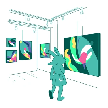 A teal rabbit girl is standing in a sophisticated art gallery, gazing at an array of colorful paintings displayed on the elegant white walls. She is wearing a stylish outfit, featuring a chic dress that complements her vibrant appearance. The gallery has polished wooden floors and intricate light fixtures hanging from the ceiling, casting a soft glow over the space. In front of her, a large, abstract painting dominated by swirling shapes and vibrant colors captures her attention, while other artworks in various frames are neatly arranged around her. The atmosphere is alive with the energy of creativity and artistry.