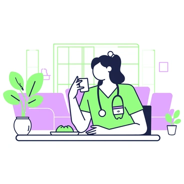 A doctor with a stethoscope around her neck sits at a round table in a hospital lounge. She has medium-length hair pulled back into a ponytail and is wearing green scrubs with a name tag. In her right hand, she holds a white coffee cup, taking a sip. A small plate with a pastry sits on the table in front of her. Behind her, large windows let in natural light, and there are chairs arranged in a cozy seating area. A potted plant is visible in the corner of the lounge.