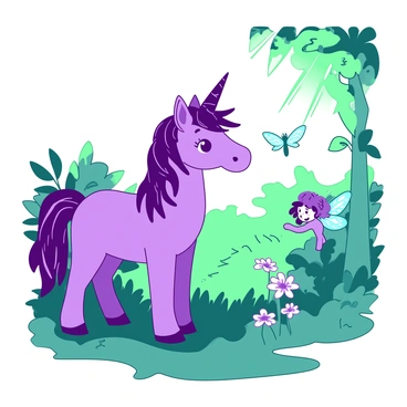 A purple unicorn with a shimmering mane is standing in a lush green glade. The unicorn is looking at a group of tiny teal fairies fluttering around. The fairies have delicate wings that sparkle in the light. One fairy is hovering close to the unicorn, smiling and waving its hand, while another is perched on a nearby flower. Sunlight filters through the leaves above, creating a warm atmosphere. The unicorn's eyes are bright and inviting as it greets the fairies with a friendly "Hi!"