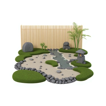 A peaceful zen garden enclosed by a tall bamboo fence. The garden features meticulously arranged smooth pebbles in circular patterns, interspersed with patches of lush green moss. There is a small stone lantern placed near an intricately raked sand area, leading to a tranquil water feature with a gentle stream. Delicate bamboo plants rise against the fence, swaying gently in the breeze, while a few large rocks are positioned artistically throughout the garden, enhancing its serene atmosphere.