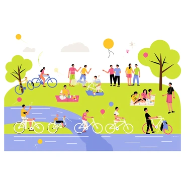 A vibrant riverside party scene with a clear blue river flowing gently. Several colorful bicycles are lined up along the bank, showcasing a variety of styles and colors. Groups of people are gathered in small clusters, some laughing and chatting, while others are dancing to music. Picnic blankets are spread out on the grass, adorned with food and drinks. Balloons in various colors float above the scene, adding to the festive atmosphere. Trees with green foliage frame the background, and a bright sun shines down on the joyful gathering.