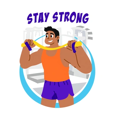 A vibrant fitness poster featuring a person performing face pulls with resistance bands. The person is depicted in an athletic stance, with focused expression and defined muscles. They are wearing a bright workout outfit that includes a sleeveless top and shorts. The background showcases a gym setting with various fitness equipment. Above the person, the words "Stay Strong" are boldly displayed in a dynamic font. The overall composition highlights the intensity and determination of the workout.