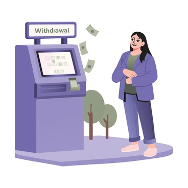 A digital flat illustration showing an ATM machine with a screen displaying "Withdrawal" in bold letters. The machine is positioned on the left side of the image. Cash is being dispensed from the ATM, with several bills visible in mid-air. On the right side, a happy customer is waiting. The customer has light skin and black hair, wearing a blue jacket and jeans. They have a smile on their face while looking at the ATM. The background features a few trees and a sidewalk to give context to the setting.