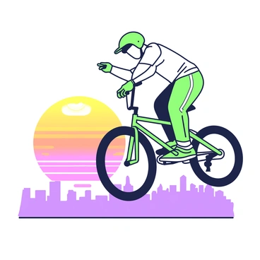 A silhouette of a BMX rider is mid-air, performing a trick with the bike at an angle. The rider is wearing a helmet and casual cycling attire, with one hand gripping the handlebars and the other raised in a dynamic pose. The background features a vivid sunset with large circular sun low on the horizon, casting a dramatic outline of the rider. The sky displays layers of gradients, with varying shades that enhance the sense of motion. Below the rider, a faint outline of a cityscape is visible, adding depth to the scene.