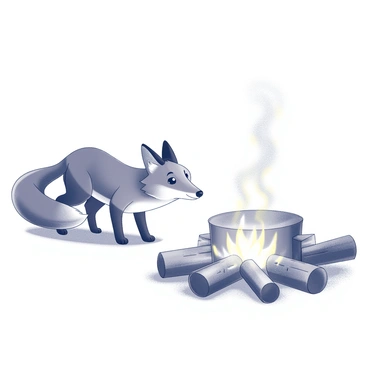 A fox with a bushy tail and pointed ears is creeping through the underbrush. Its body is low to the ground, showcasing a focused expression as it moves silently. In the foreground, a campfire is crackling with small flames and glowing embers, casting light on nearby objects. The fire is surrounded by several camping items, such as a portable cooking pot and a few logs arranged in a circle. The atmosphere is enhanced by wisps of smoke rising into the air, and the scent of cooking food appears to intrigue the fox, drawing it closer to the warmth of the fire.