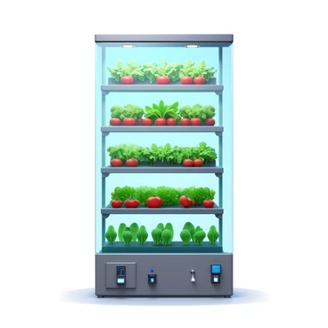 A vertical farm inside a glass tower featuring tiered shelves filled with a variety of crops. The crops include leafy greens such as lettuce and kale, bright red tomatoes, and vibrant herbs like basil and cilantro. The structure has a sleek, modern design with transparent panels that showcase the lush greenery inside. Soft, overhead grow lights illuminate the plants, casting gentle shadows. Watering systems are visible, along with digital monitors displaying the growth conditions. The surroundings include a clean, minimalist floor and an open atmosphere.