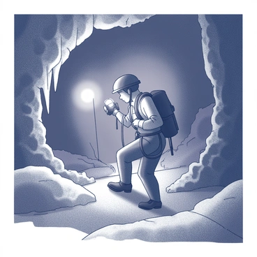 A spelunker wearing a headlamp is navigating through a dark cave. The headlamp illuminates the rocky walls and ceiling, revealing intricate textures and shadows. The spelunker is equipped with climbing gear, including a harness and ropes, as they carefully step over uneven terrain. Stalactites hang from the ceiling while stalagmites rise from the ground, creating an intriguing underground landscape. The cave appears vast and mysterious, with distant openings hinting at hidden chambers deep within.