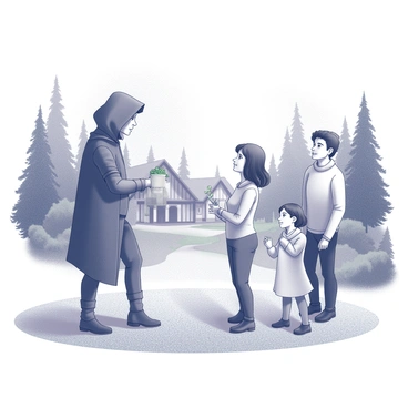 A figure resembling "Robin Hood" is depicted in a forested area near a quaint village. He is wearing a characteristic hooded cloak and holding a bag filled with coins. In front of him stands a grateful family consisting of a man, a woman, and two children. The man's expression shows a sense of relief, while the woman's face reflects joy. The children are looking up at Robin Hood with admiration. The background features a rustic village with thatched-roof cottages and greenery surrounding the scene.