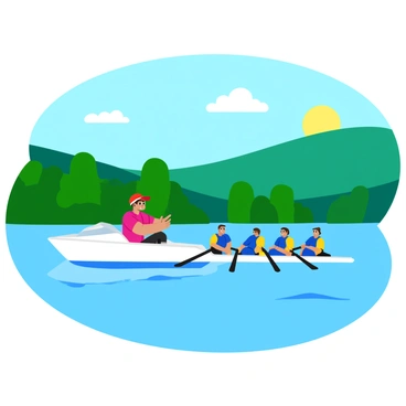 A rowing coach in a white motorboat, wearing a bright red cap, is guiding a team of rowers on a calm lake. The motorboat is positioned at the front, creating small ripples in the water. The team consists of four rowers, dressed in matching blue and yellow uniforms, paddling rhythmically in a sleek white rowing shell. The sun reflects off the smooth surface of the lake, highlighting the vibrant green trees along the shoreline. In the background, gentle hills create a soft, rolling landscape under a clear blue sky.