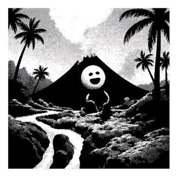 A character resembling "Cuphead" is exploring a volcanic island. The island features flowing lava streams that are prominently visible, illuminating the surroundings with a bright, fiery glow. There are palm trees scattered across the landscape, their fronds swaying in an unseen breeze. In the background, billowing smoke and ash rise from the volcanic crater, while the ground is rugged and uneven, dotted with rocks and molten stone. The character is depicted in a playful pose, glancing around with excitement as they navigate this dynamic environment.