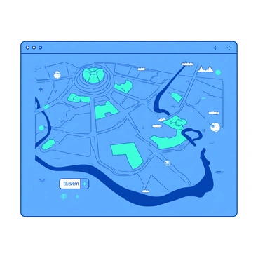 A blue digital map displays a city layout with clearly defined streets and labeled landmarks. The streets are represented by thin white lines creating a network throughout the map. Key landmarks such as parks, museums, and monuments are marked with distinctive teal icons. The interface is sleek and modern, with a minimalistic design featuring a subtle gradient background. Interactive elements such as zoom buttons are positioned at the corners, inviting user engagement.