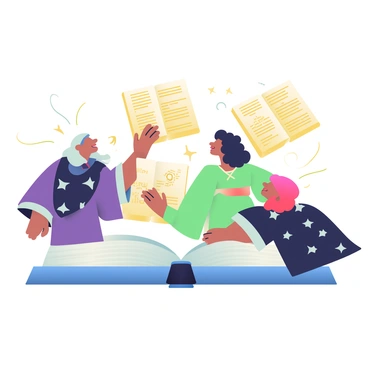 An enchanted book with a deep blue cover is open in the center of the image. The pages of the book are floating gracefully around a group of three witches. Each witch has a distinctive look: the first has long, silver hair and is wearing a dark purple robe with silver trimming. The second witch has curly, black hair and is wearing a green dress with a matching cape. The third witch has short, bright red hair and is dressed in a black gown adorned with silver stars. The floating pages of the book shimmer with golden text and illustrations. Wisps of magical energy spiral around the pages, creating a vibrant atmosphere. Each witch is reaching out towards the pages, their expressions focused and intrigued.