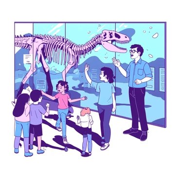 A teacher is standing in front of a large dinosaur skeleton in a museum exhibit, gesturing enthusiastically while explaining its features to a group of excited students. The teacher is wearing a blue shirt and glasses, showing animated expressions. The students, dressed in colorful clothes, are gathered closely around, some pointing at the dinosaur while others are taking notes. In the background, there are informative placards and other dinosaur displays, creating an immersive educational environment. The lighting in the exhibit highlights the dinosaur skeleton, casting soft shadows on the polished floor.